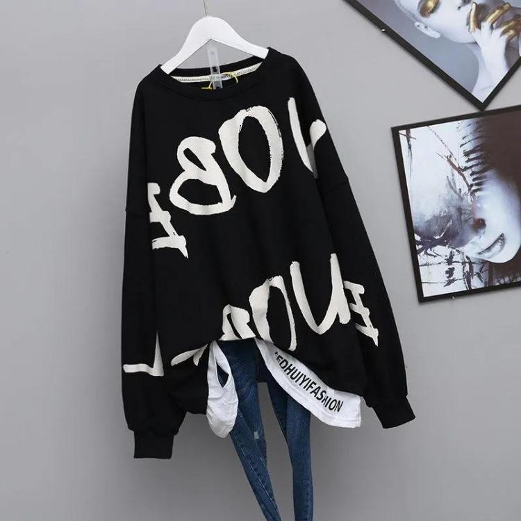 Oversized Pullover Sweatshirt met Lange Mouwen voor Dames Katoen Losse Jumpers Top Nep Twee Delen Ontwerp