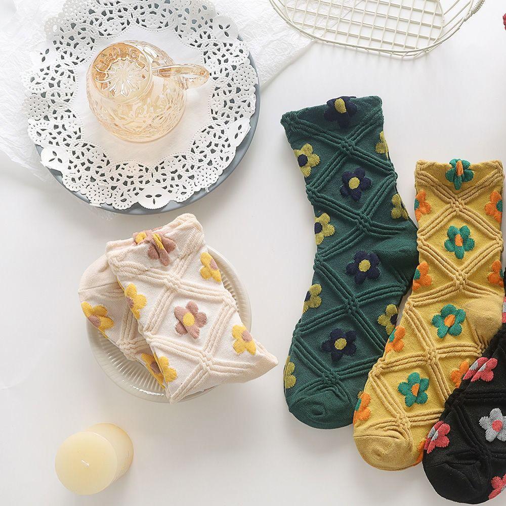 5Pairs Embroidery Women Cotton Socks Sweet Autumn Flower Socks Mid Tube Socks Girls  for Women