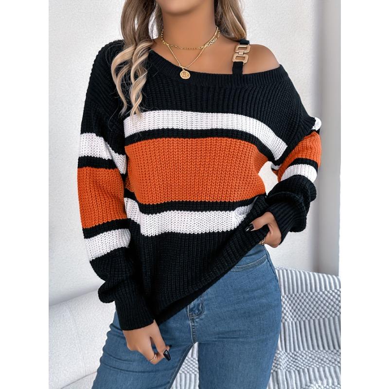 Women's Casual Off-Shoulder Color Block Striped Sweater Black &Orange Horizontal Stripes Medium Stretch Sweater One Shoulder Design