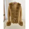 Autumn Winter Women's Fur Coat Patchwork Knitted Sweater Bandage Fur Cardigan Detachable Collar Jacket Faux Fur Coat