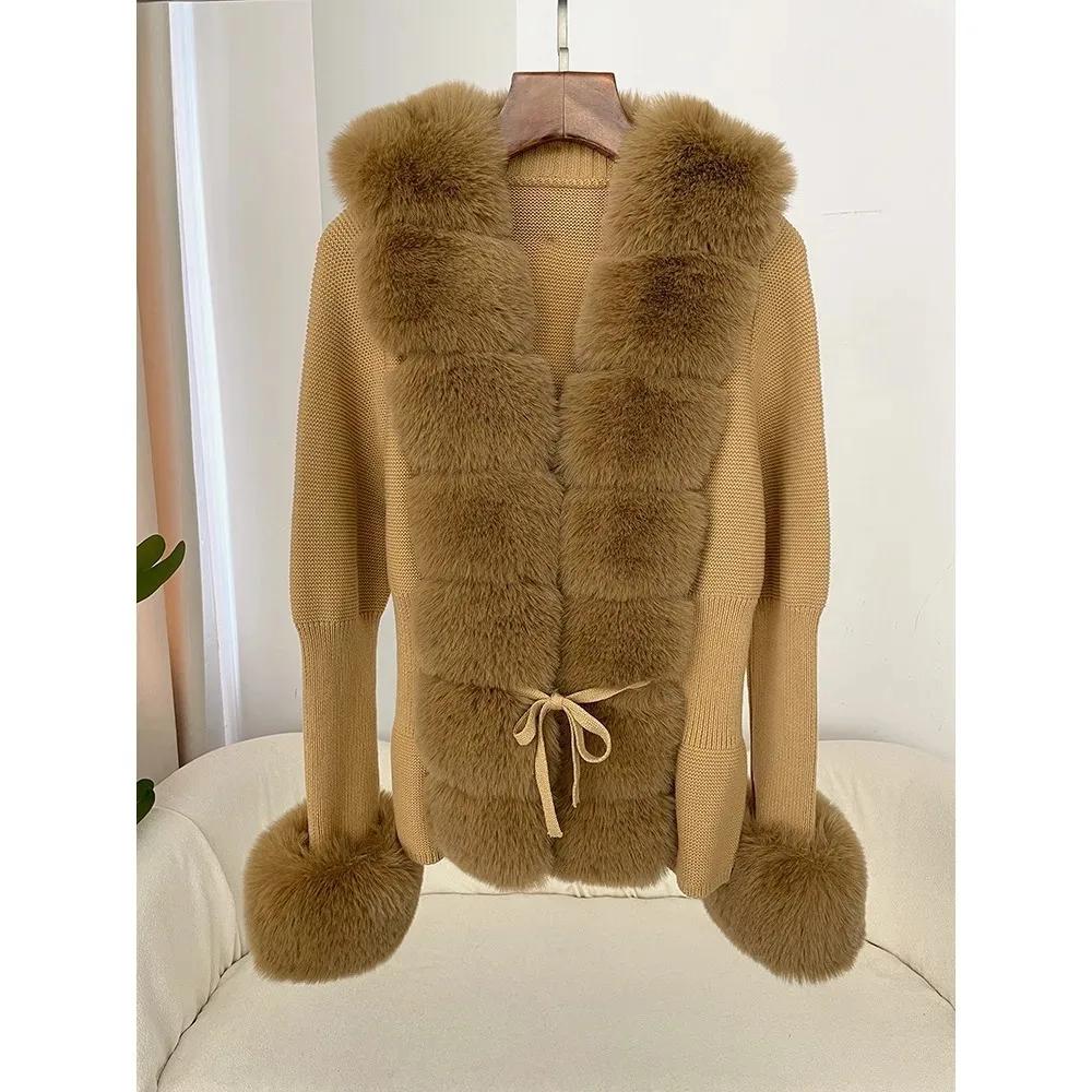 Autumn Winter Women's Fur Coat Patchwork Knitted Sweater Bandage Fur Cardigan Detachable Collar Jacket Faux Fur Coat