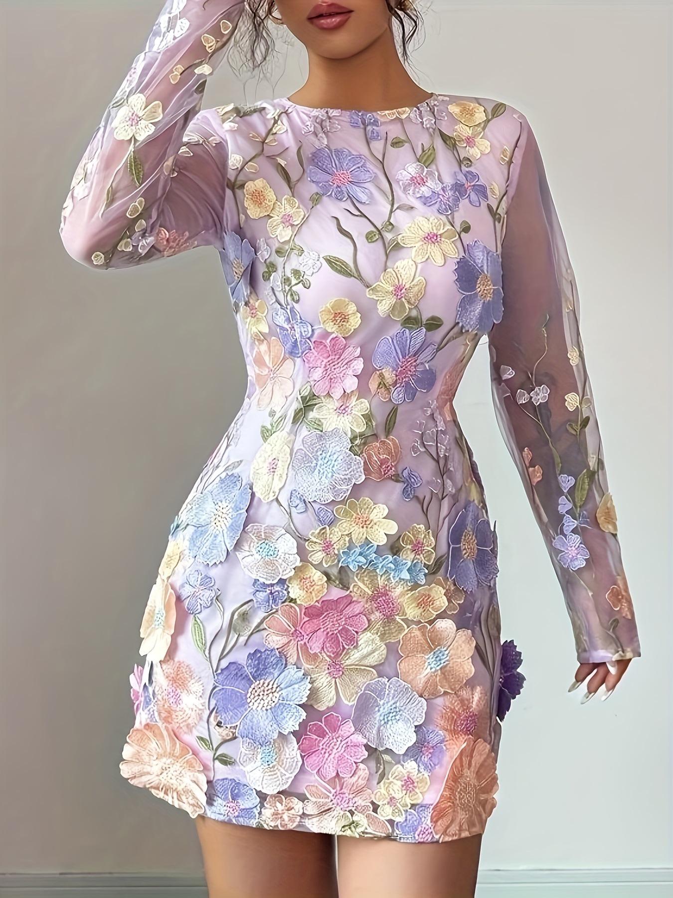 2024 French Luxury Embroidered 3D Floral Waist-Cinched Long-Sleeve Mermaid Dress Medium розовый