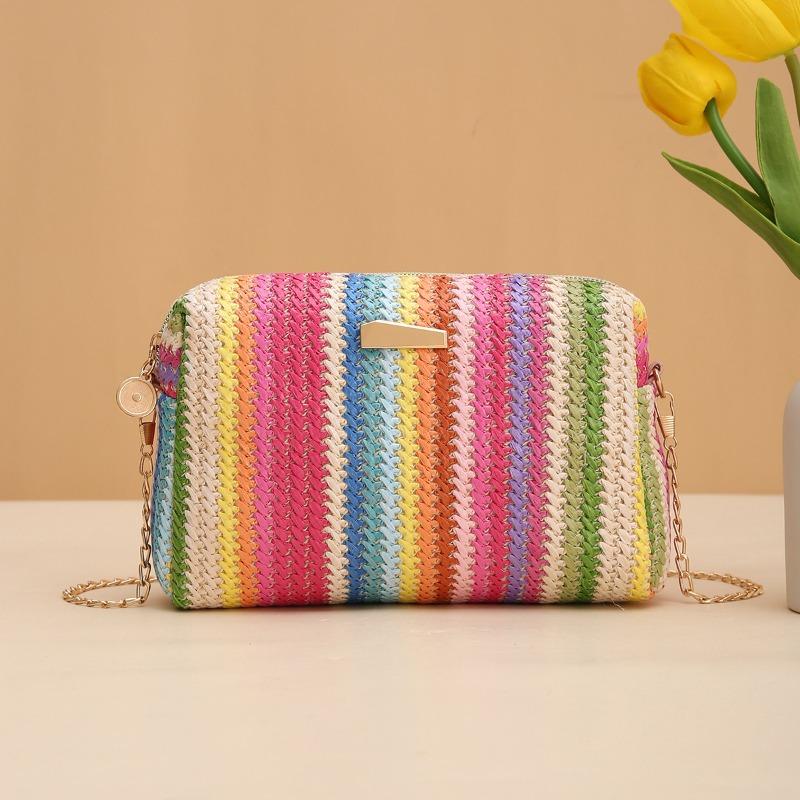 

Rainbow straw bag irl handbags woven camera bag versatile girl messenger bag chain bag красный