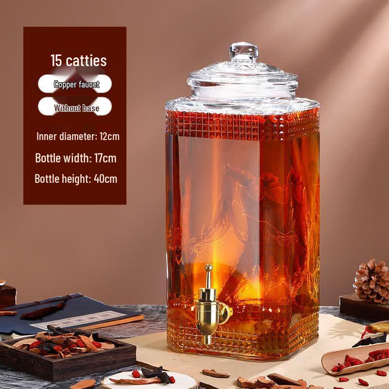 Octagonal Glass Medicinal Wine Jar with Faucet