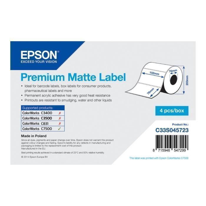 

Epson Premium Mat adhésif permanent en acrylique 102 x 76 mm 6280 étiquette(s) (4 rouleau(x) x 1570) Étiquettes en forme…