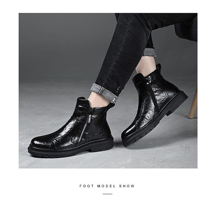 Férfi 2024 Brit Stílusú Fekete Bőr Motoros Csizma - Magasszárú, Vastag Talpú, Légáteresztő, Plusz Bársony.