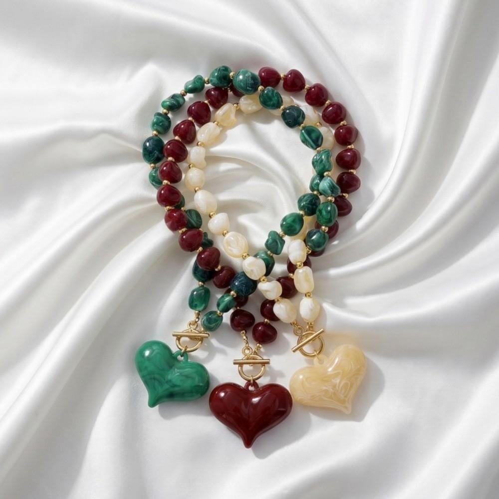 Boho Resin Perlenkette Knebelverschluss Damenschmuck Mode Klobiger Herzanhänger Geschenk