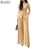 ZANZEA Women Short Sleeve Blouse and Wide Leg Pants Casual Two Piece Suit Set
