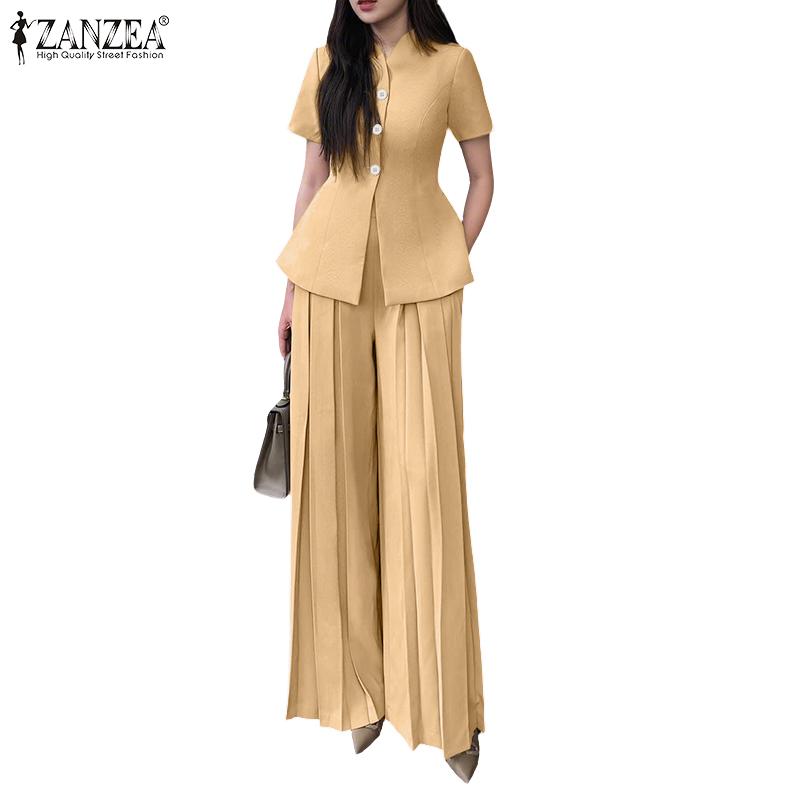 ZANZEA Women Short Sleeve Blouse and Wide Leg Pants Casual Two Piece Suit Set