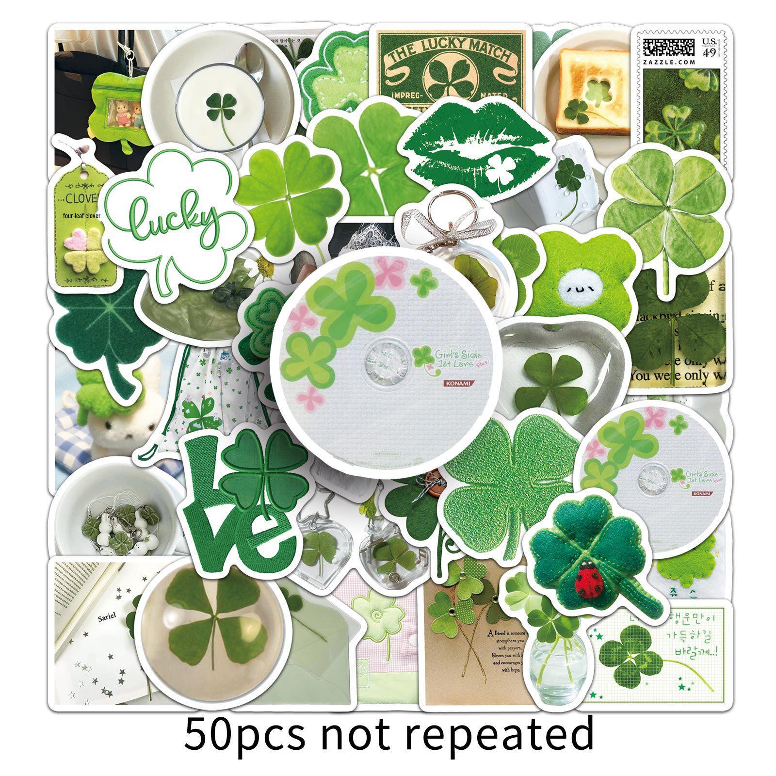 50 Sheets Trendy Four-Leaf Clover & Floral Graffiti Stickers for Earphones, Refrigerators, & Desktops.