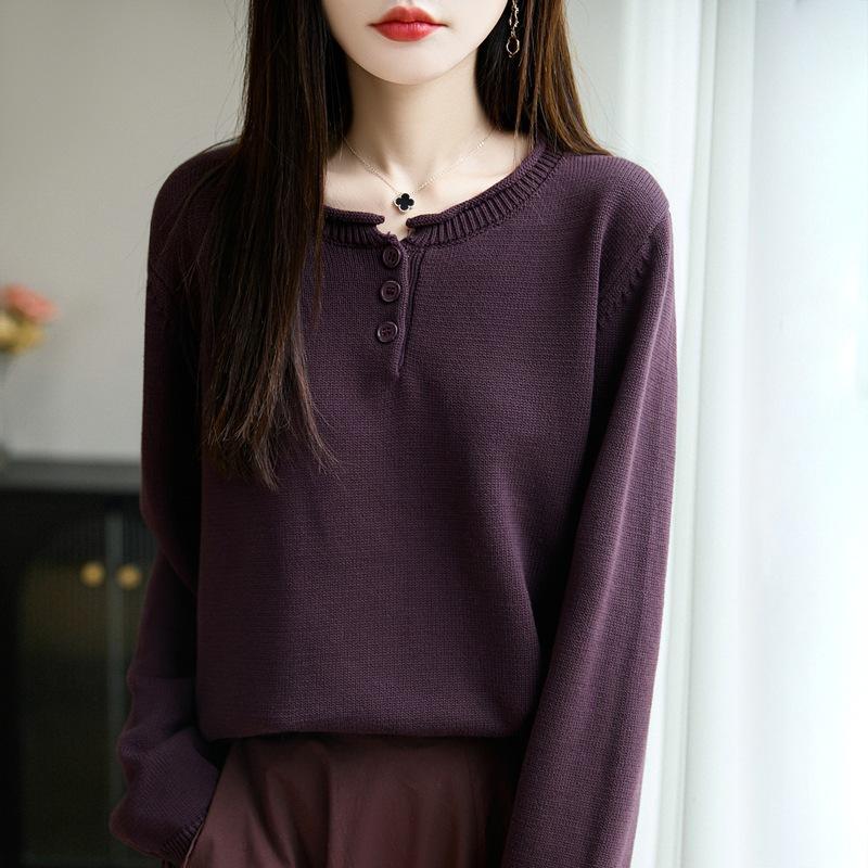 Long-sleeved Knitted Sweater, Women's Autumn and Winter Rolled-up Round-neck Loose Pullover Base Layer
