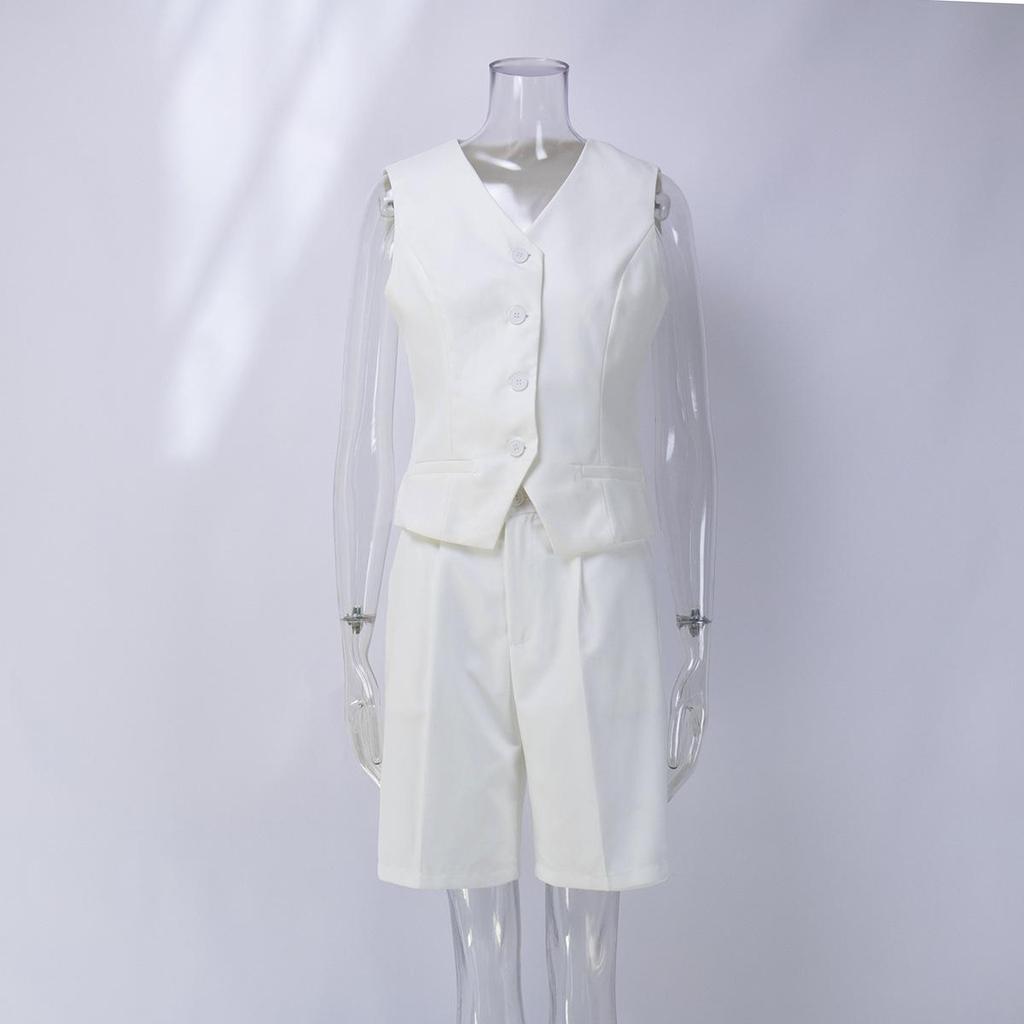 Conjunto Feminino de Duas Peças: Colete, Camisa Sem Mangas, Shorts de Cintura Alta com Cordão, Tamanho Grande, Conjuntos de Moda