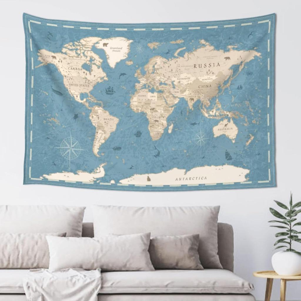 Bohemian Weltkarte Wandteppich Wandbehang Antiker Nautischer Dekor Kunst für Wohnzimmer Schlafzimmer Geographie Poster Druck