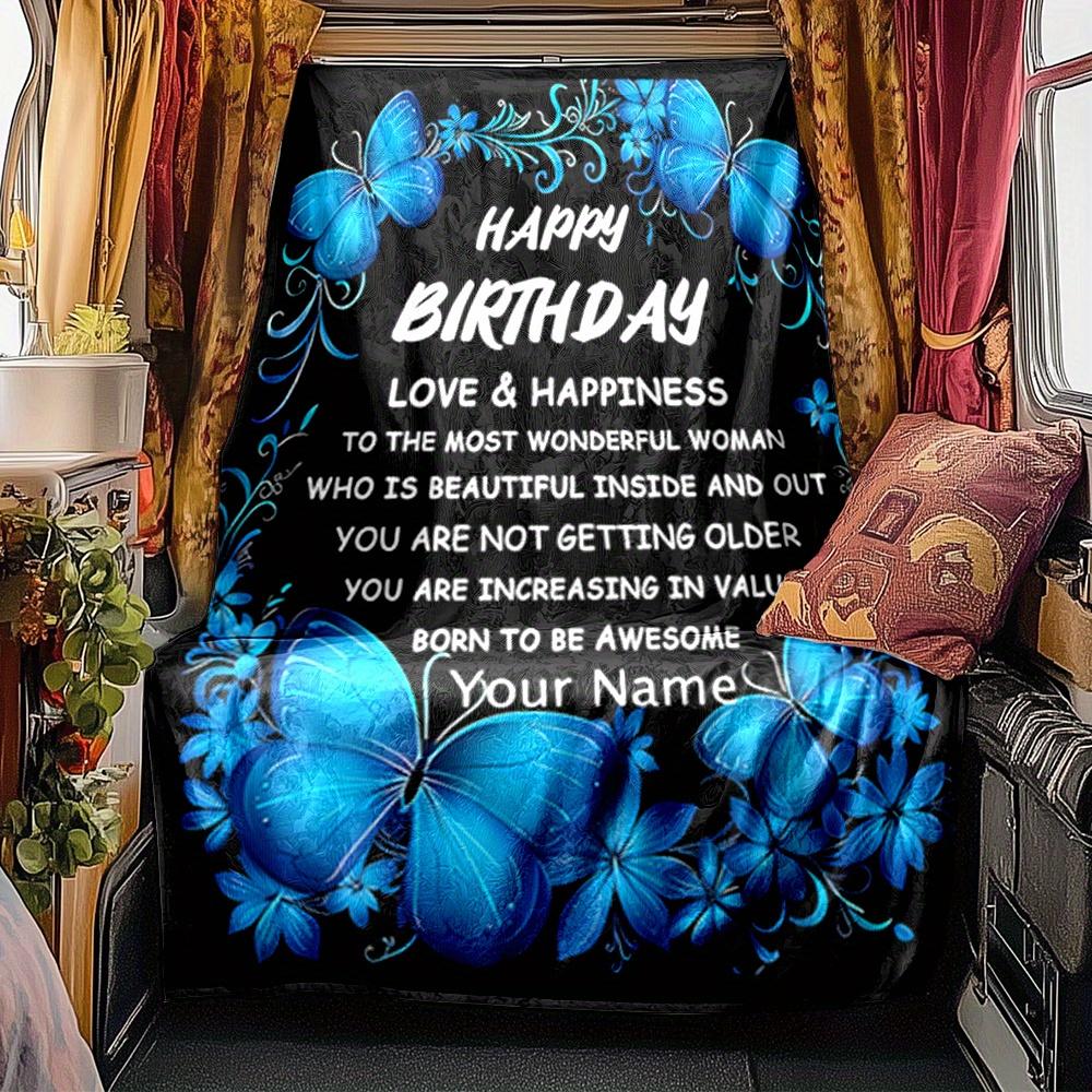 Blue Butterfly Floral Blanket Personalized Name Soft Comfortable Stylish Blanket Car Blanket Perfect For Travel Camping Outdoor Home Suitable For All