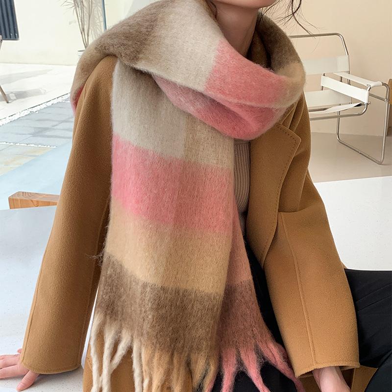 Winter New Scarf Women's Winter Thickened Warm Scarf Colored Plaid Fringed Scarf Shawl Fashionable Outer Cover