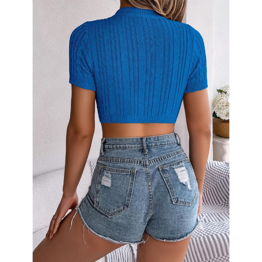 GMXIA Spring and Summer Casual Hollowed-out Twisted Short-sleeved Knitted Sweater, Vacation Short Navel Top for Women's Wear