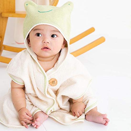 Pompkins BABY Organic Cotton Frog Bath Poncho Made In Japan Y-1344 100% [Rabbit, Bear, Series] (Frog)