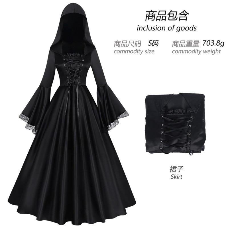 Gotisches Mittelalterliches Langkleid mit Kapuze Kostüm Halloween Hexe Cosplay Bühnenperformance