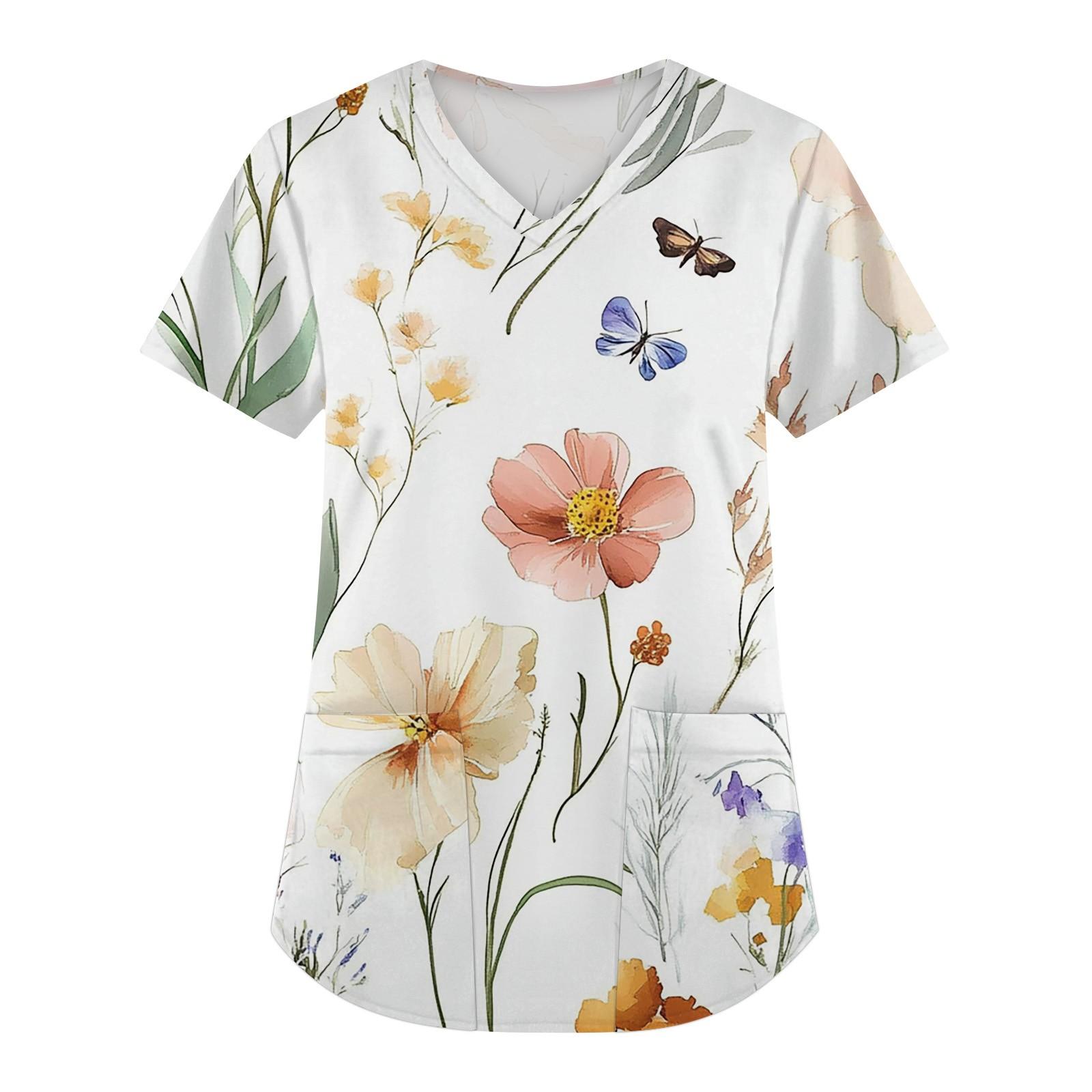 

Женская мода с коротким рукавом и V-образным вырезом с карманами и цветочным принтом Топы Одежда L