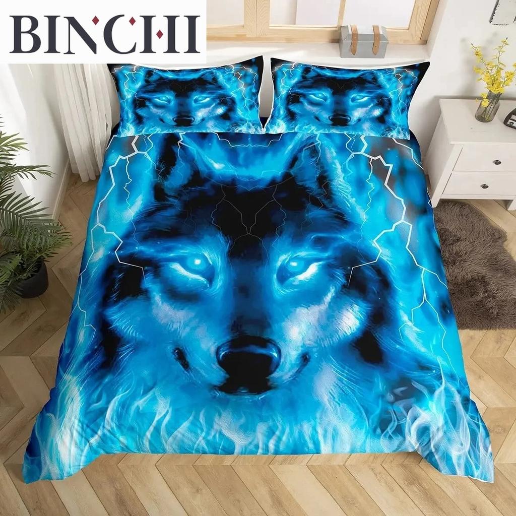 Boys Wolf Duvet Cover Set Queen Size, Boho Wolf Wildlife Animal Bedding Set Men Galaxy Dream Catcher Moon Polyester Quilt Cover