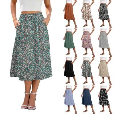 Saia fluida comprimento médio elástico cintura alta saia linha A com bolsos para mulheres saia da moda
