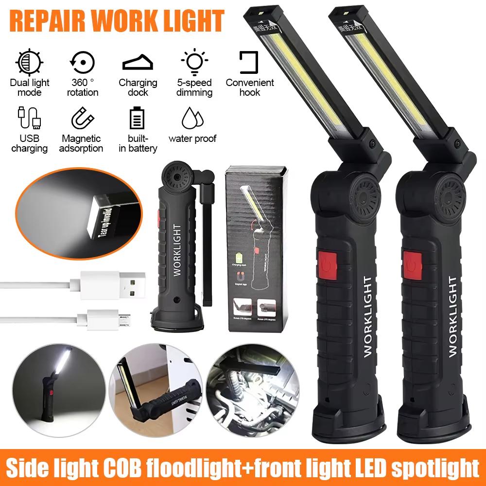 COB LED Folding Flashlight Portable Magnetic Work Light Lantern USB Rechargeable Waterproof Emergency Repair Camping Torch Lamp