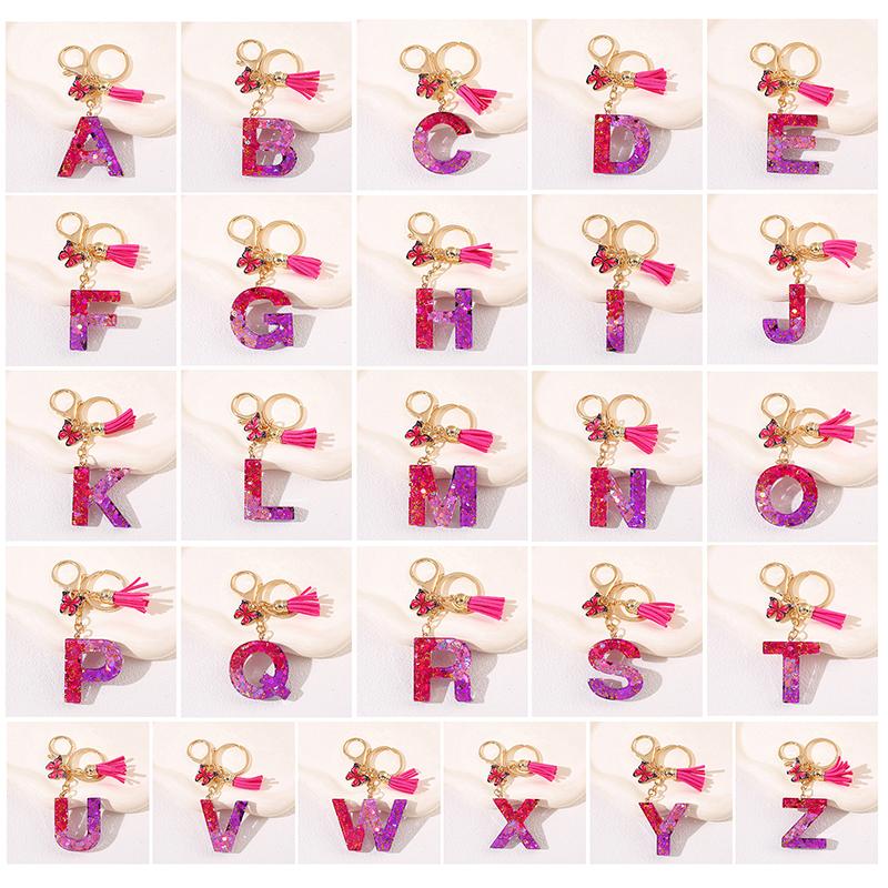 Glitter A-Z Shiny Sequin Letter Pendant Keychain Tassel Star Ball Charms Keyrings Women Bag Ornaments Car Trinket Accessories