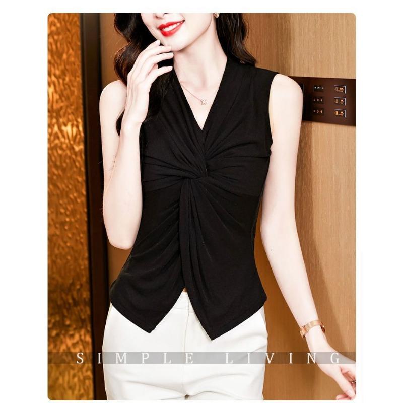 

Summer New Style V-neck Fashionable Sleeveless Mesh Top with Feminine Twist Waist Design S чорний