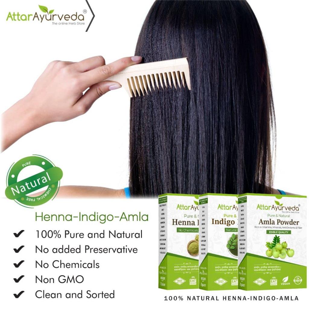 Attar Ayurveda Henna ,Indigo, Amla Hair Powder Combo 650g Natural Hair Coloring Treatment