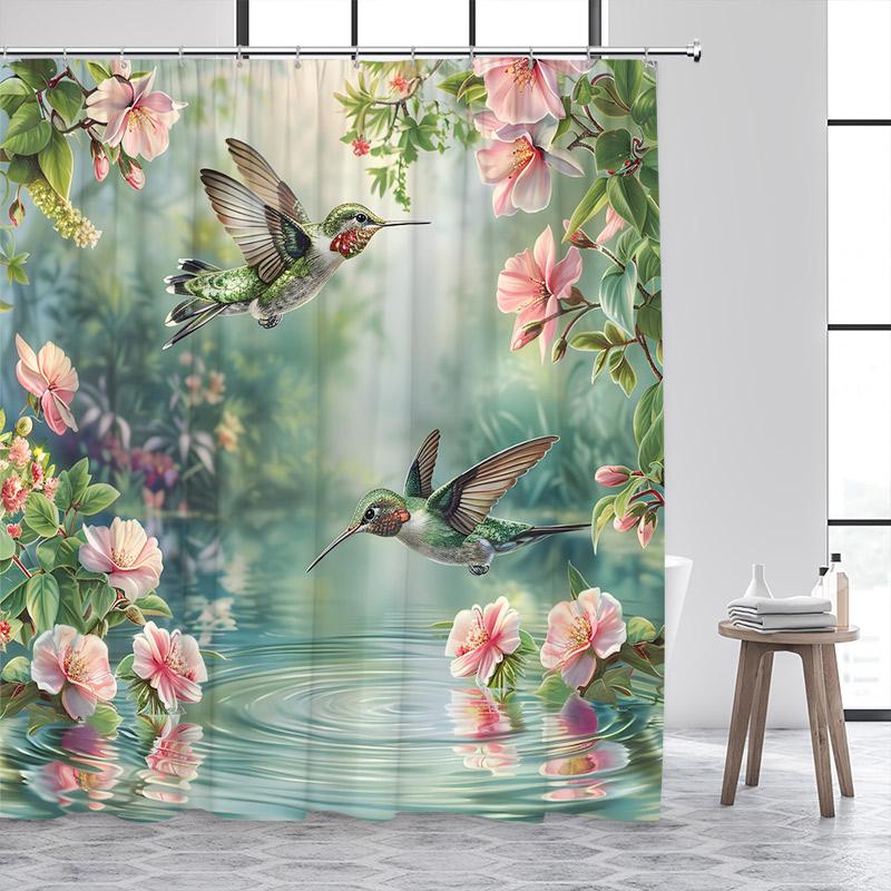 Hummingbird Shower Curtain Watercolour Floral Purple Lavender Butterfly Plant Polyester Fabric Bathroom Curtain Decor With Hooks