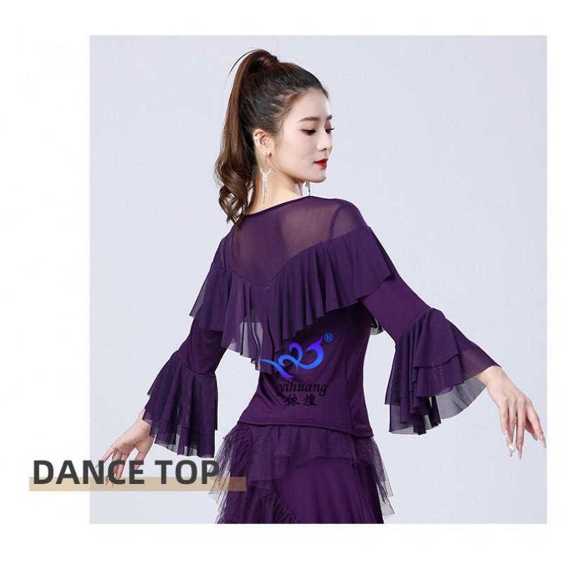 Latin Dance Top Women Ballroom Practice Wear Mesh Long Sleeve Flared Cuff Milk Silk 2025 Black Red Pink