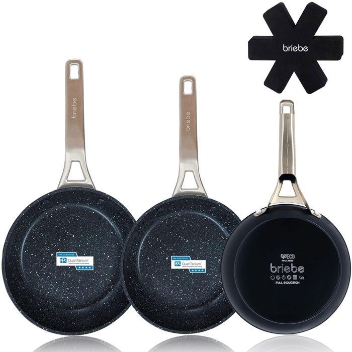 Set 3 Poêles à Frire Antiadhésives à Induction 18-20-24cm, Aluminium Forgé Briebe Black Titanium Noir