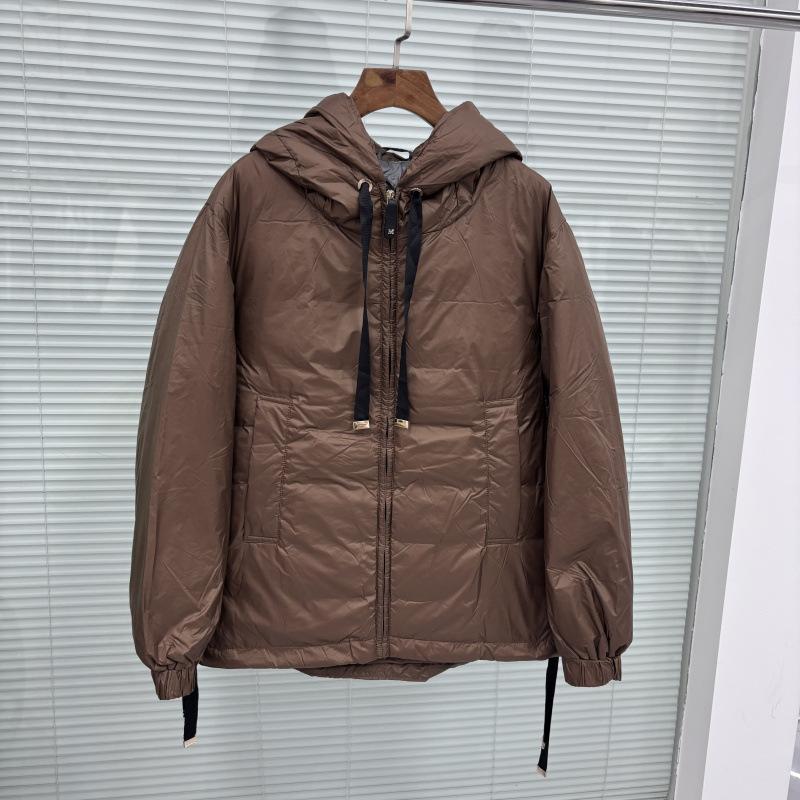 Autumn and Winter Europe Station Winter Clothing Hooded White Duck Down Wide Plaid Ribbon Drawstring Hat Down Jacket Women's Jacket
