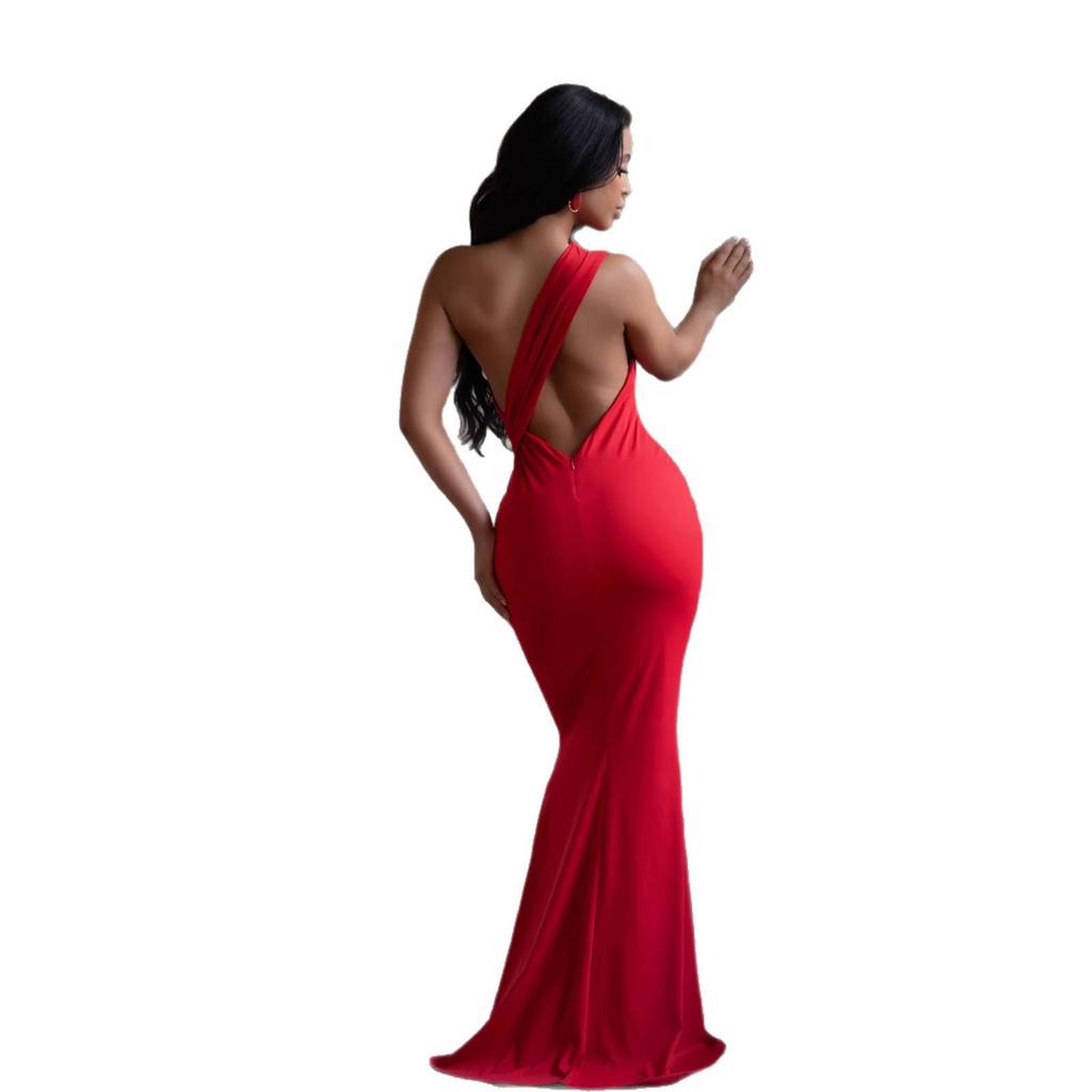 European & American One-Shoulder Pleated Slim Fit Open-Back Dress