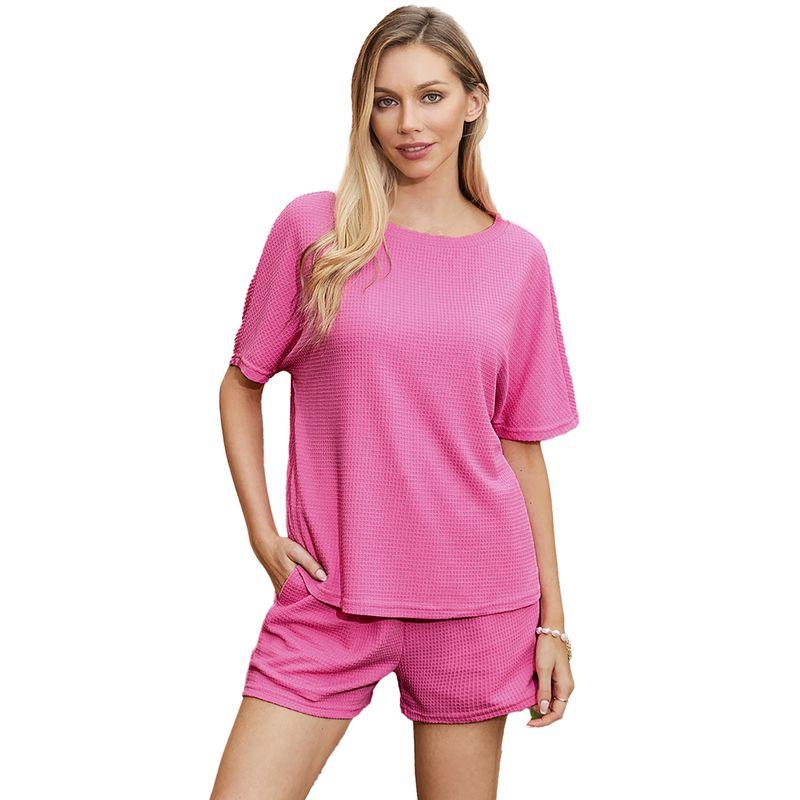 

American Shiying Solid Versatile Fashion Set Women 2025 Summer New Knitted Short sleeve Shorts Two-piece Set Rose Red P6 2XL code fits (75.00 kg-82.50 kg