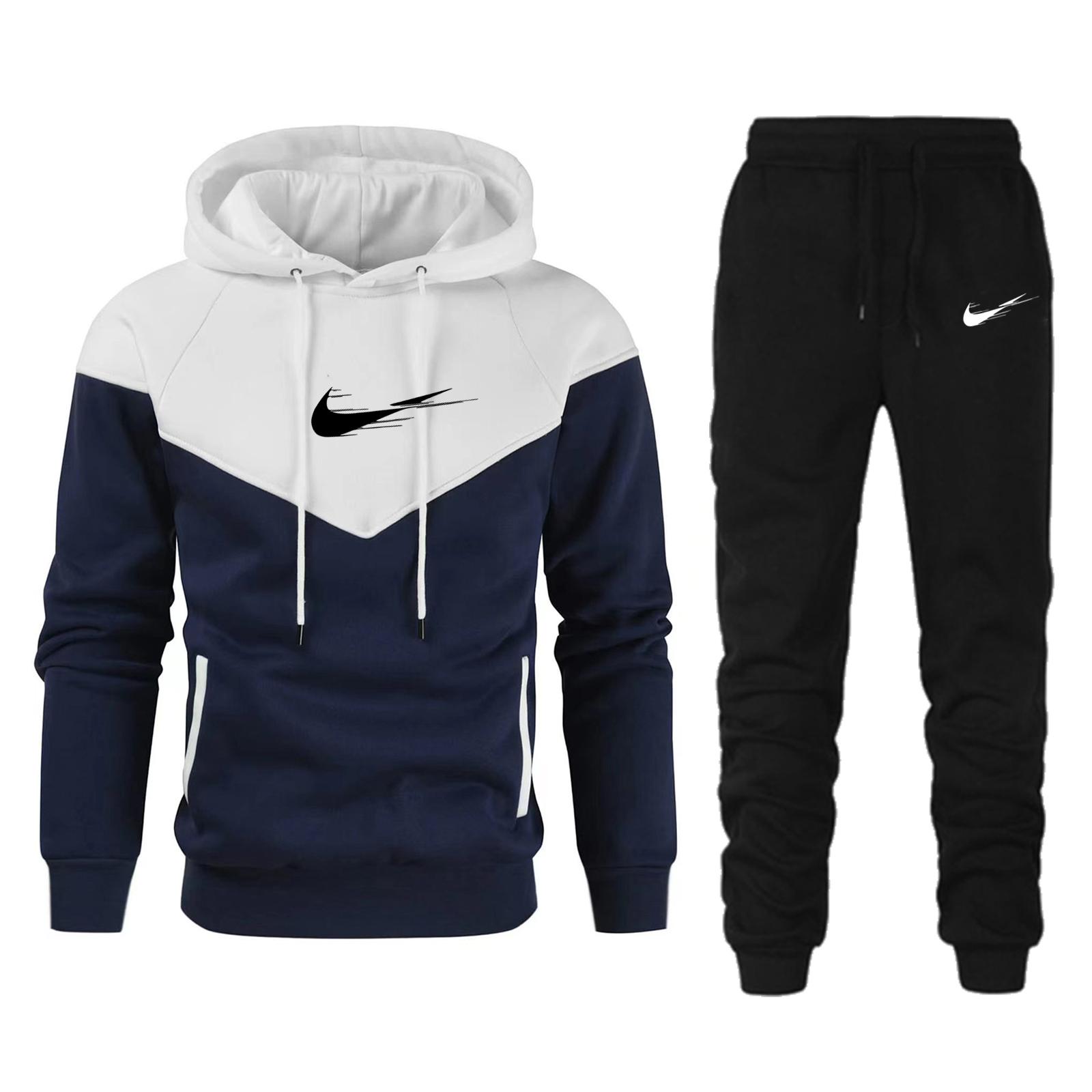 Tute sportive nere da uomo autunno 2025, nuove, con cappuccio caldo e felpato, abbinate ai colori, 2 pezzi, abbigliamento maschile L bianco