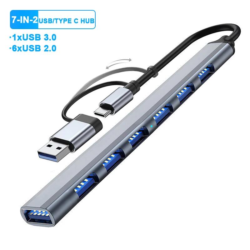 

7-портовий USB/Type-C ХАБ Док-станція USB Багатопортовий USB-розгалужувач USB-адаптер OTG USB 3.0 5 Гбіт/с Передача ХАБ для Ноутбука Macbook