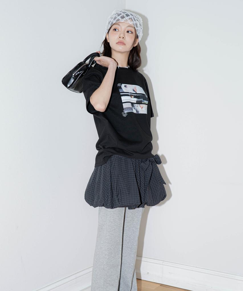 Dilleiopeu Ribbon Point Check Elastic Waist Balloon Mini Skirt [Black]