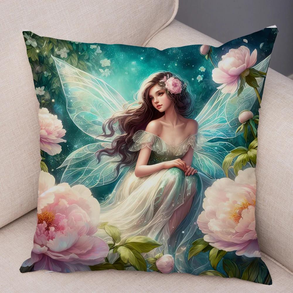 Niedlicher Cartoon Waldmädchen Elfen Kissenbezug Doppelseitig bedruckter Kissenbezug Deko für Sofa Zuhause Superweicher Plüsch Kissenbezug 40x40cm