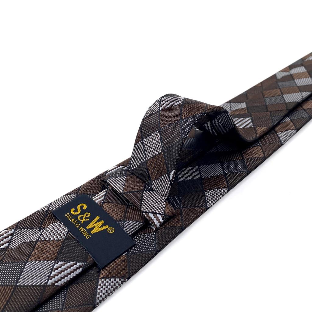 [S&W SHLAX&WING] Men's Check Tie, Mocha Brown Gray, Suit Accessory, Business, Wedding, Long, 160cm