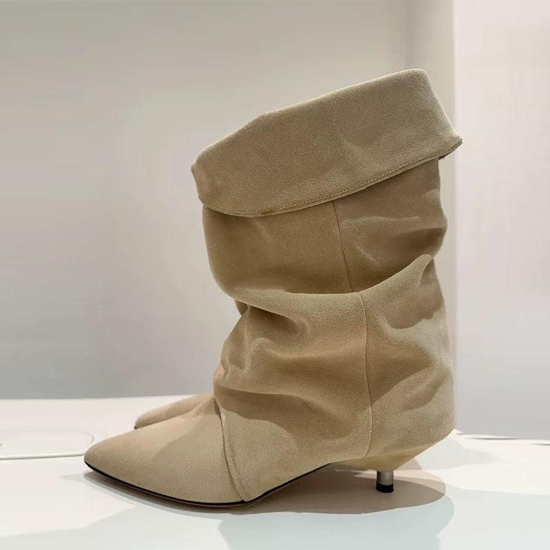 

Cowhide version~ French niche temperament folded pointed head thin heel western cowboy boots women s autumn and winter new fashion short boots 40 абрикосовый