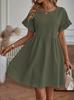 Women Casual Short Sleeve Dress O Neck Flare Sleeve High Waist Loose Mini Dress Solid Color Summer Dress