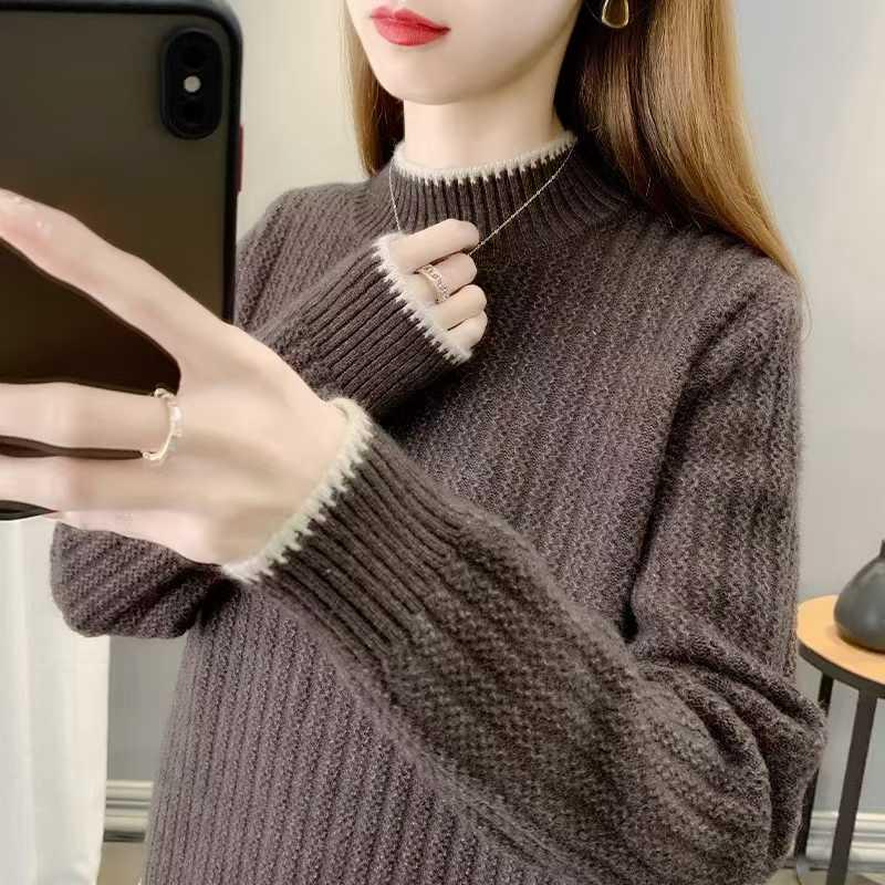 Vintage Color Block Knit Sweater: Women's Loose Long Sleeve, Half High Neck with Contrast Edges for Autumn and Winter