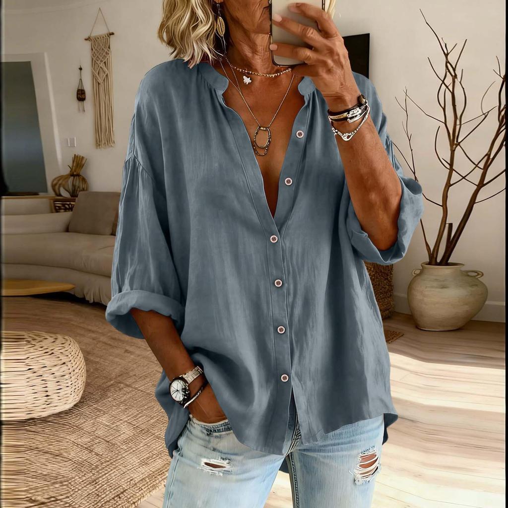 Women’s Fashion Solid Stand Collar Button Up Shirt Casual Loose Fit Top with Three Quarter Sleeves and Relaxed for Everyday Wear