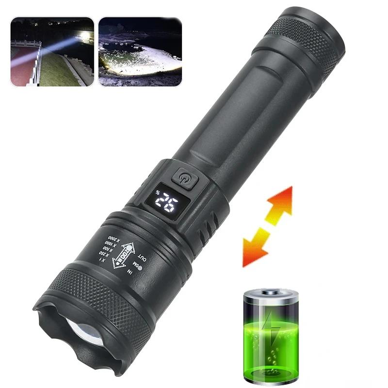 Super Bright LED Flashlight Battery Display USB Rechargeable Light Telescopic Zoom Torch Lamp Outdoor Camping Fishing Lantern