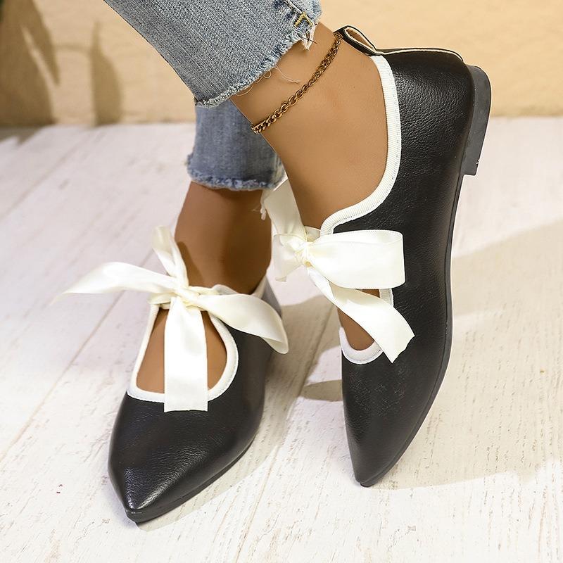 Autumn New Pointed Mary Jane Shoes Women's Shallow Single Shoes Bow Thick Heel Black Soft Leather Shoes
