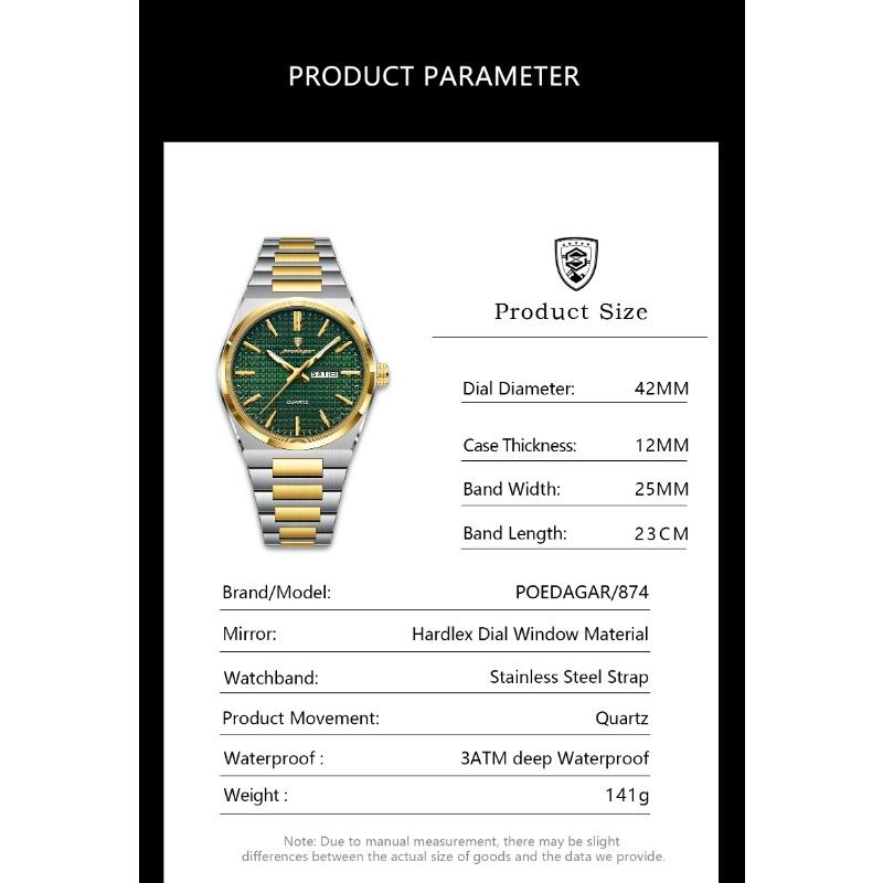 POEDAGAR Luxe Herenhorloge Datum Week Waterdicht Lichtgevend Roestvrij Staal Horloge voor Man Casual Kwarts Horloges Mannelijk Sport+Doos