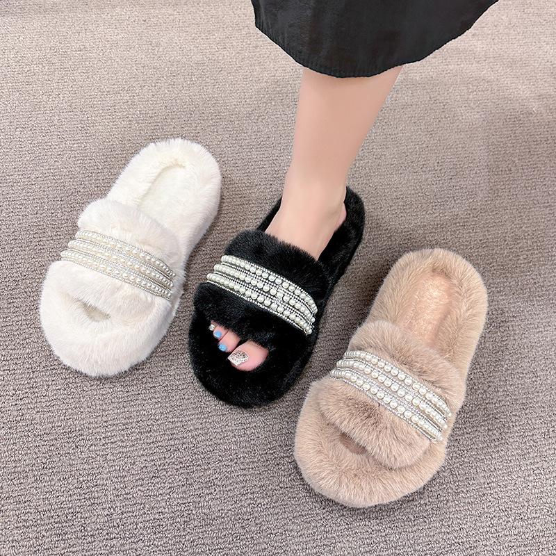 Thick-bottomed fluffy slippers for women's outer wear 2025 new autumn and winter cotton towing net red pearl fashion plush slippers spring and summer