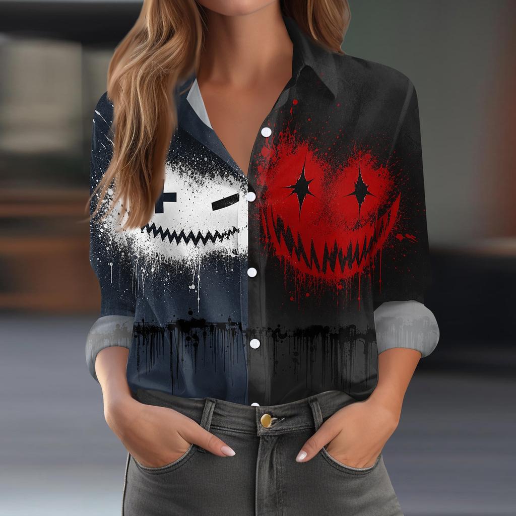 Women's Button-Down Shirt Long Sleeve Casual Halloween Print Top