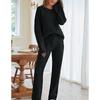 Women Fuzzy Knit Two Piece Set Round Neck Long Sleeve Sweater And Wide Leg Pants Loungewear